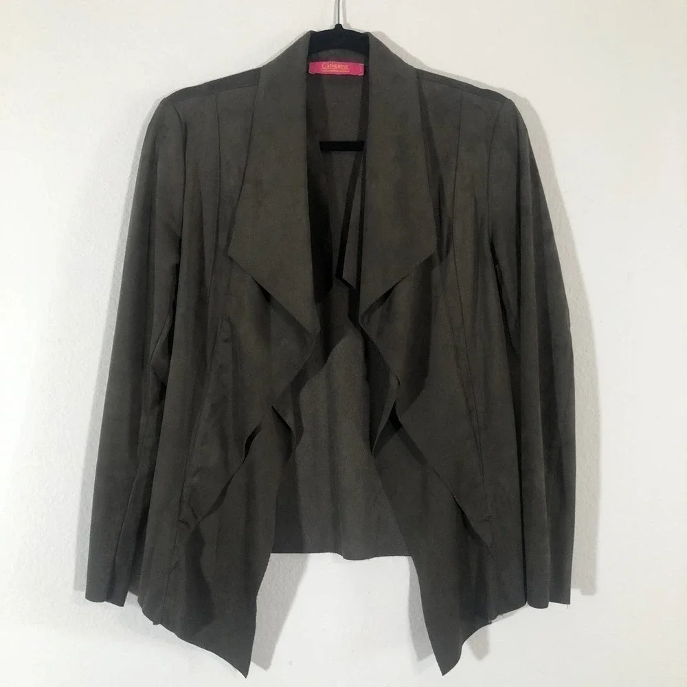 Catherine Malandrino Olive Green Faux Suede Cascade Open Front Jacket Petite S - Picture 5 of 12
